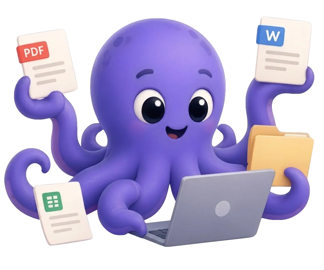 Dex, Archidex's purple octopus mascot, next to a company document archive
